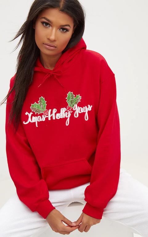 Red Happy Holly Yays Christmas Slogan Hoodie, Red