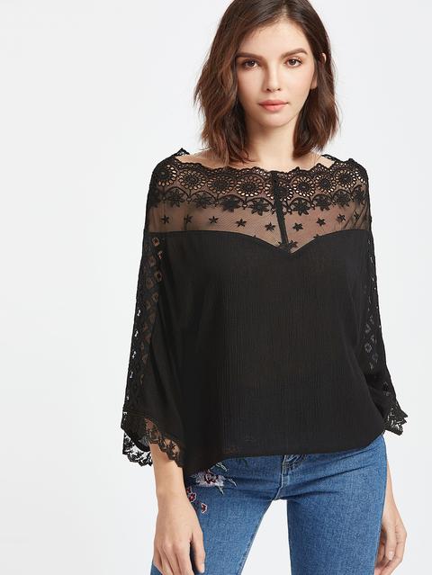 Top Con Manica Spalla Ricamato Maglia Con Pizzo - Nero