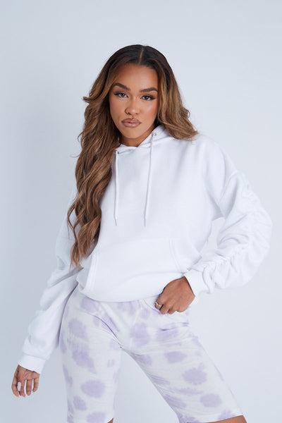 White Ruched Sleeve Oversized Hoodie - Dezi