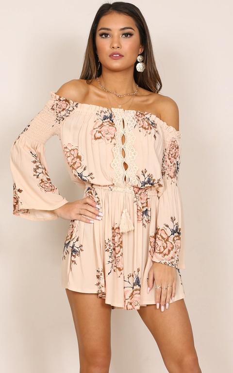 Femme Flourish Playsuit In Beige Floral