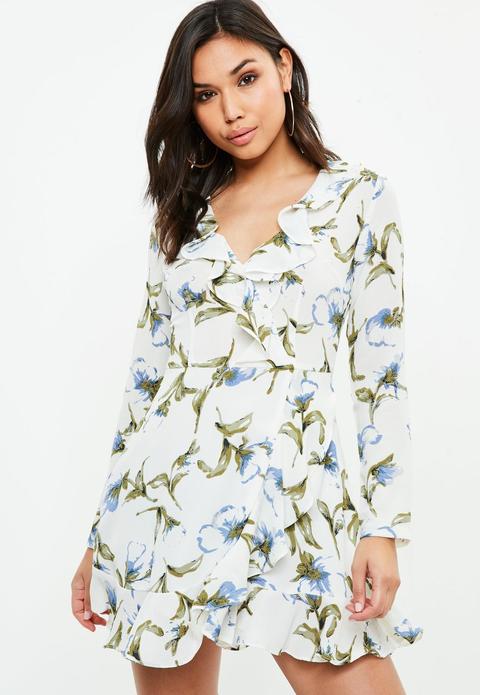 Vestido De Estampado Floral Con Volantes En Blanco