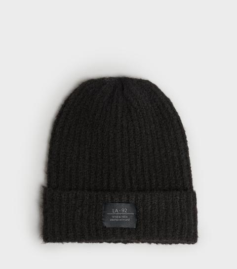 Black Ribbed Knit Tab Front Beanie New Look