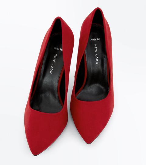 Wide Fit Red Suedette Pointed Court 
