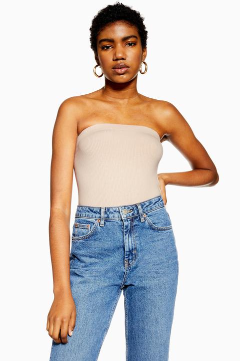 Womens Stone Ribbed Bandeau Bodysuit - Stone, Stone