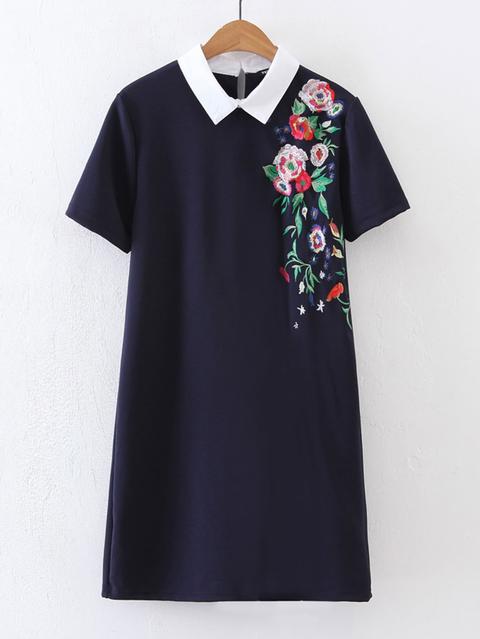 Contrast Collar Flower Embroidery Dress