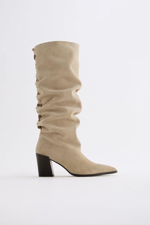 Split Suede Heeled Knee-high Boots With Braided Detail