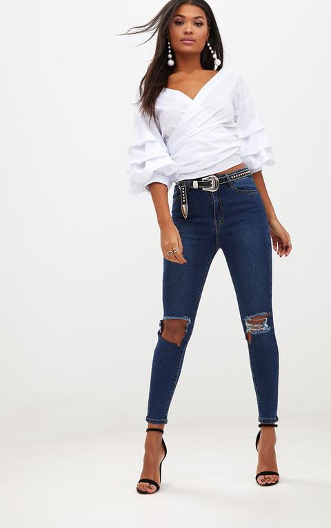 Open Knee Rip Dark Wash High Waisted Skinny Jean, Dark Blue Wash