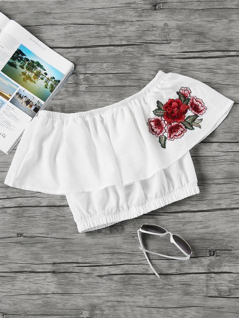 Flounce Layered Neckline Rose Applique Crop Top