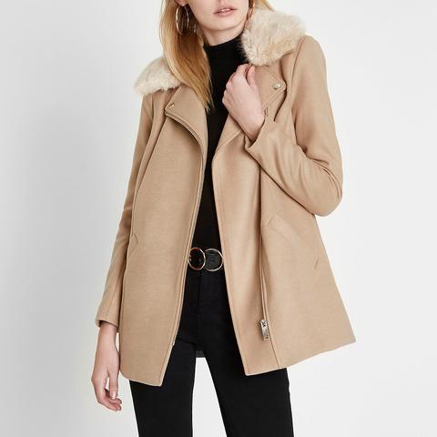 Camel Biker Faux Fur Collar Coat