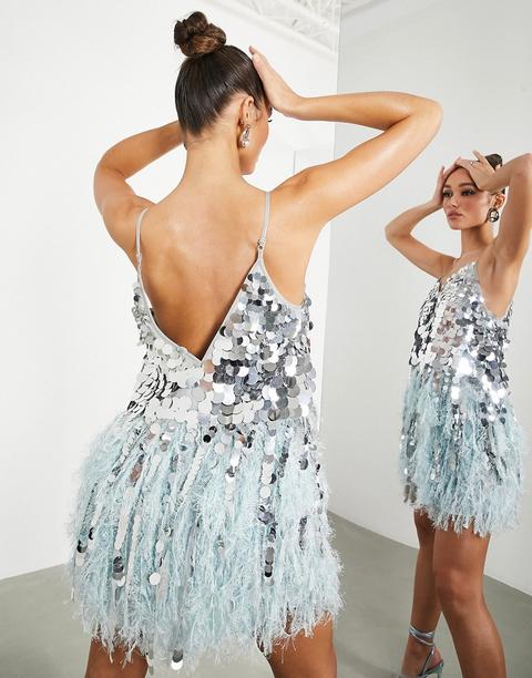 Asos Edition Paillette Sequin Mini Dress With Feather Hem In Silver And Blue