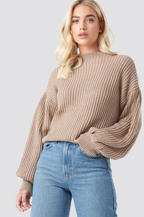 Balloon Sleeve Knitted Sweater Beige