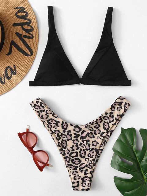 Set De Bikini De Leopardo De Pierna Alta