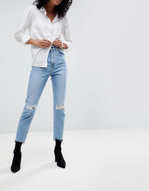 Asos Design High Rise Farleigh 'slim' Mom Jeans In Light Vintage Wash With Busted Knee And Rip & Repair Detail-blue