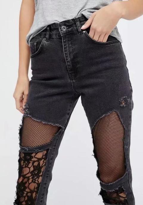 Jeans Lunghi Gregorina A Righe In Pizzo Strappato Nero