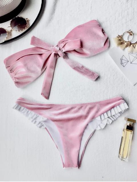 Traje De Bikini De Bandeau De Terciopelo Con Nudo De Lazo Pink