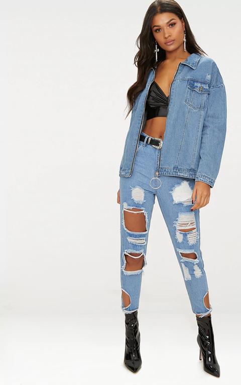 Mid Wash Ring Pull Oversized Denim Jacket, Mid Blue Wash