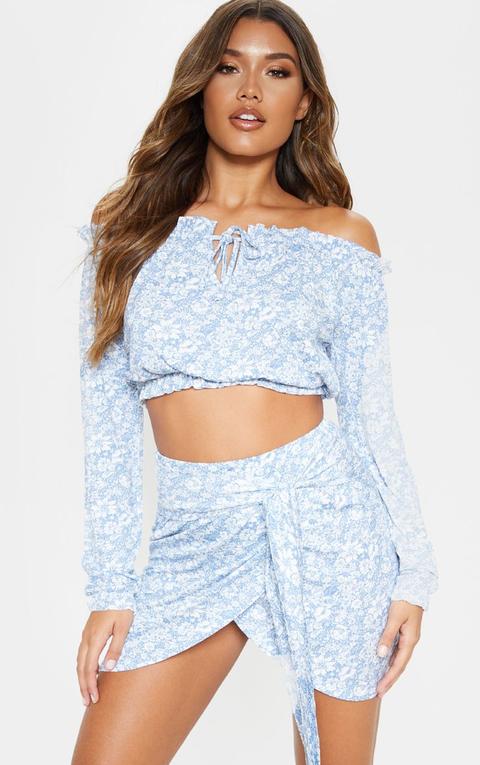 Blue Floral Print Jersey Bardot Key Hole Crop Top