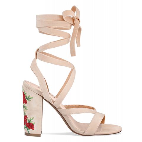 Paloma Nude Suede Lace Up Floral Heels