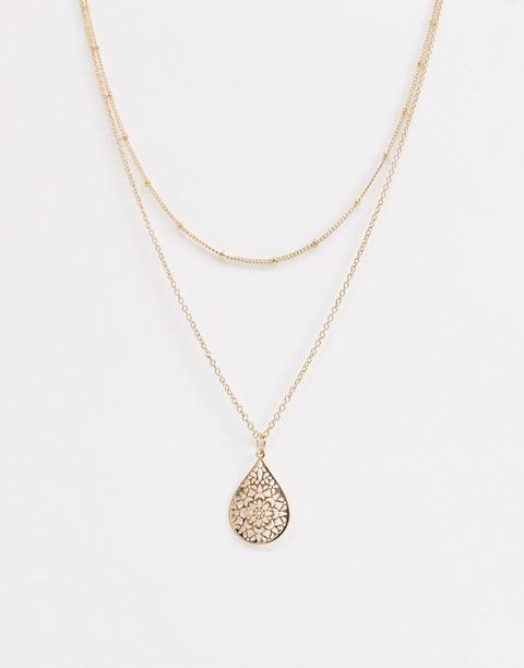 Asos Design Multirow Necklace With Teardrop Filigree Pendant In Gold - Gold