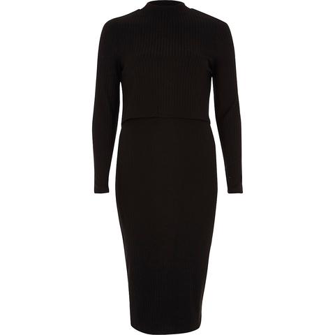 Black Rib Double Layer Bodycon Midi Dress