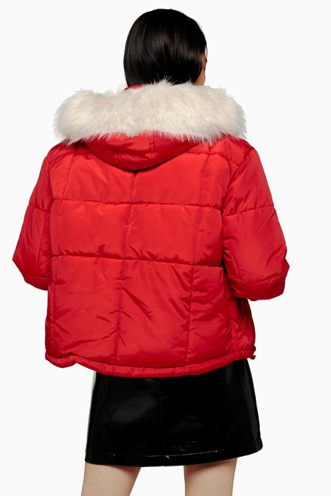 womens red puffer jacket with fur hood