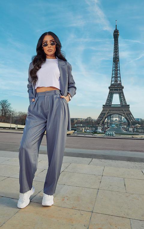 Charcoal Grey Pinstripe Woven High Waisted Cigarette Trousers