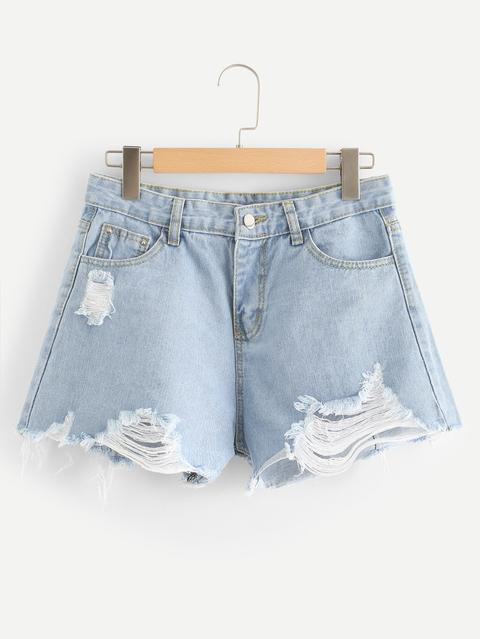 Shorts In Denim Strappati Orlo Grezzo