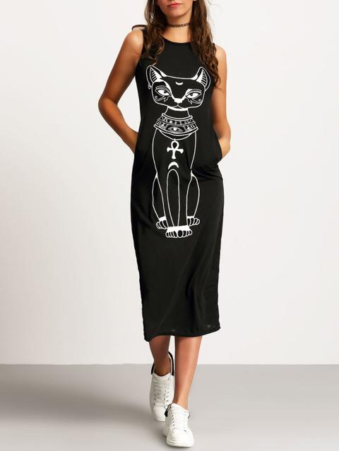 Black Sleeveless Cat Print Slim Dress