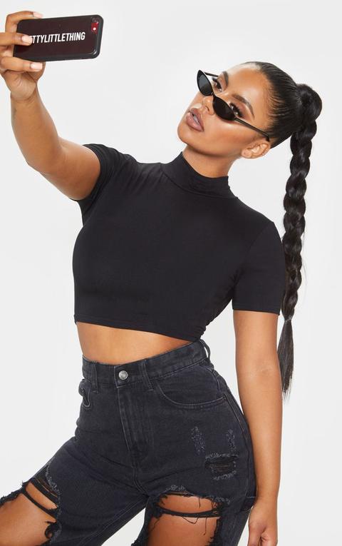 Black Jersey High Neck Cut Out Back Crop Top