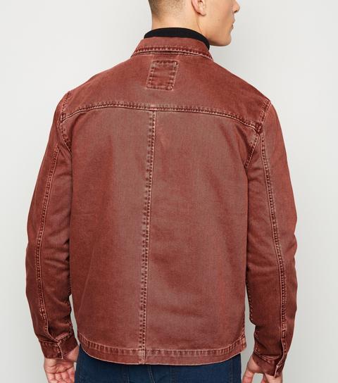 Men's Burgundy Denim Utility Jacket New Look