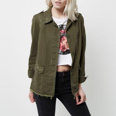 Petite Khaki Studded Distressed Army Jacket