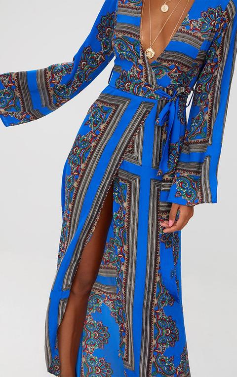 cobalt print satin kimono maxi dress