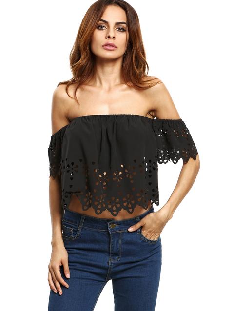 Black Off The Shoulder Hollow Crop Blouse