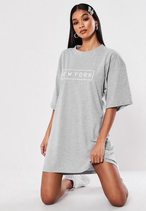 Grey Oversized New York Slogan T Shirt Dress, Grey