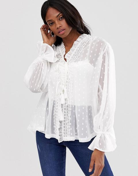 Blusa De Plumeti Transparente De Manga Larga Con Diseño Abierto De Asos Design-blanco