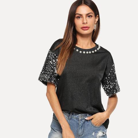 Maglietta Con Paillettes A Contrasto Di Perle