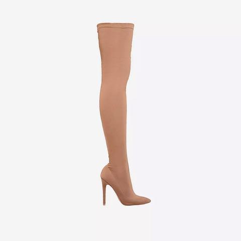Alabama Pointed Toe Over The Knee Thigh High Long Sock Boot In Nude Lycra, Nude
