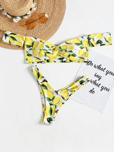 Bikini Twist Stampa Limone A Taglio Alto Con Spalle Scoperte