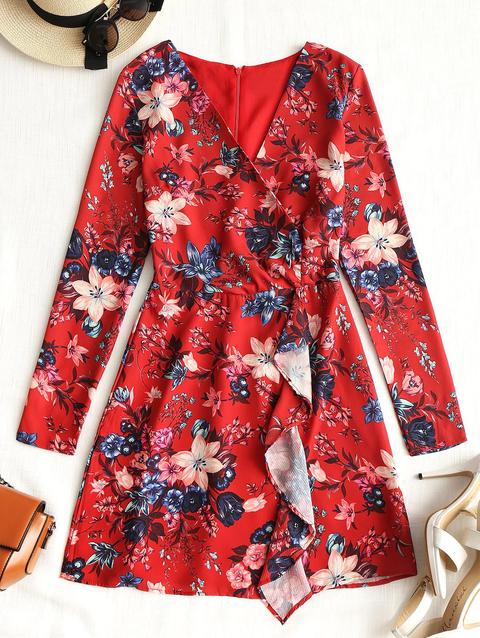 Floreale Mini Vestito Con Maniche Lunghe E Volant Red