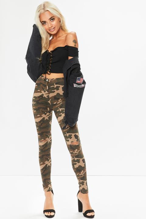 Jamie Camo Ripped Knee High Waisted Jeans