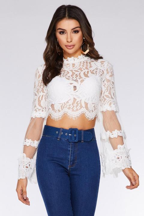 White Lace Mesh Long Sleeve Crop Top