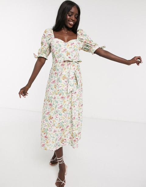 Asos Design Cotton Poplin Puff Sleeve Midi Skater Dress In Ditsy Floral With Diamante Buttons-multi