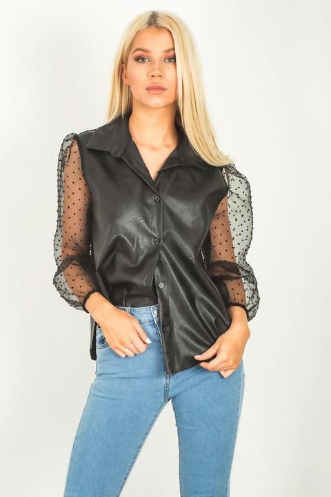 Black Faux Leather Organza Sleeve Swiss Dot Shirt