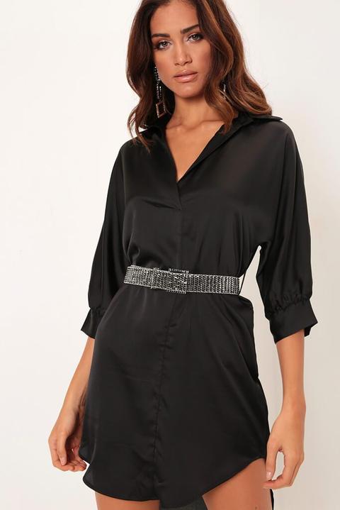 Black Satin Shirt Dress