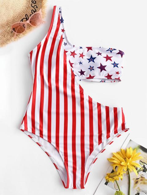 Costume Da Bagno Intero Monospalla Con Spacco Bandiera Americana Zaful Multi-a