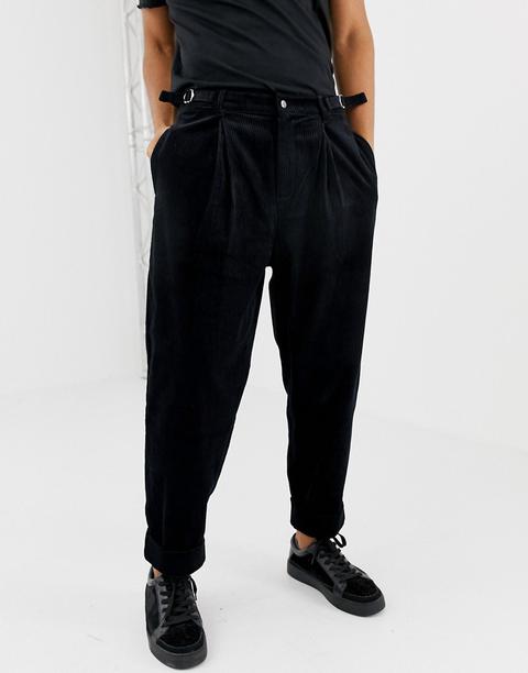 Asos Design - Pantaloni Ampi A Palloncino In Tessuto Nero A Coste Con Pieghe - Nero