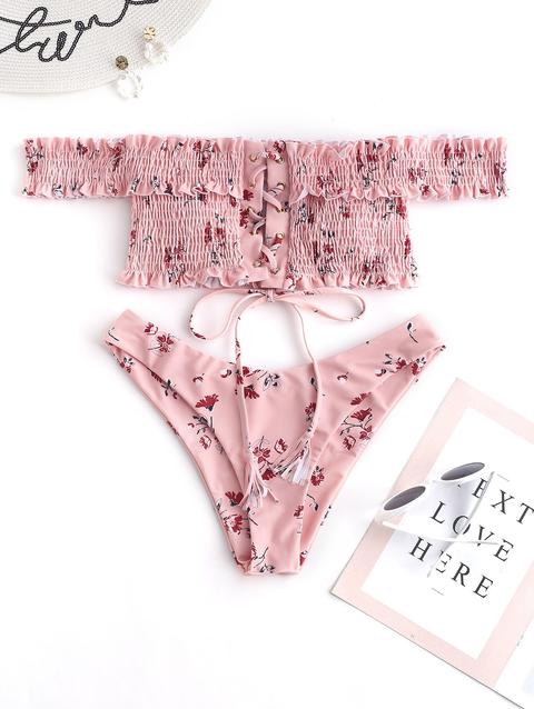 Bikini A Spalla Arricciata Con Motivo Floreale Zaful Golden Brown Light Pink