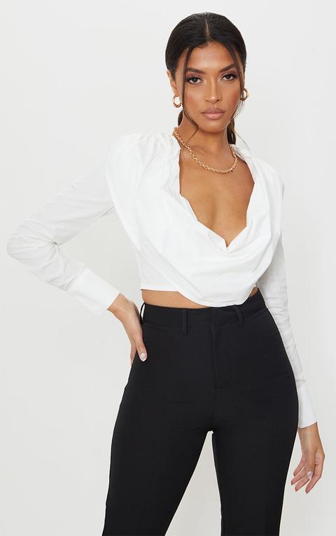 White Woven Shoulder Pad Draped Detail Long Sleeve Crop Top
