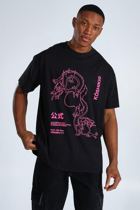 Mens Black Oversized Dragon Print T-shirt, Black