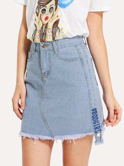 Letter Embroidered Frayed Hem Denim Skirt